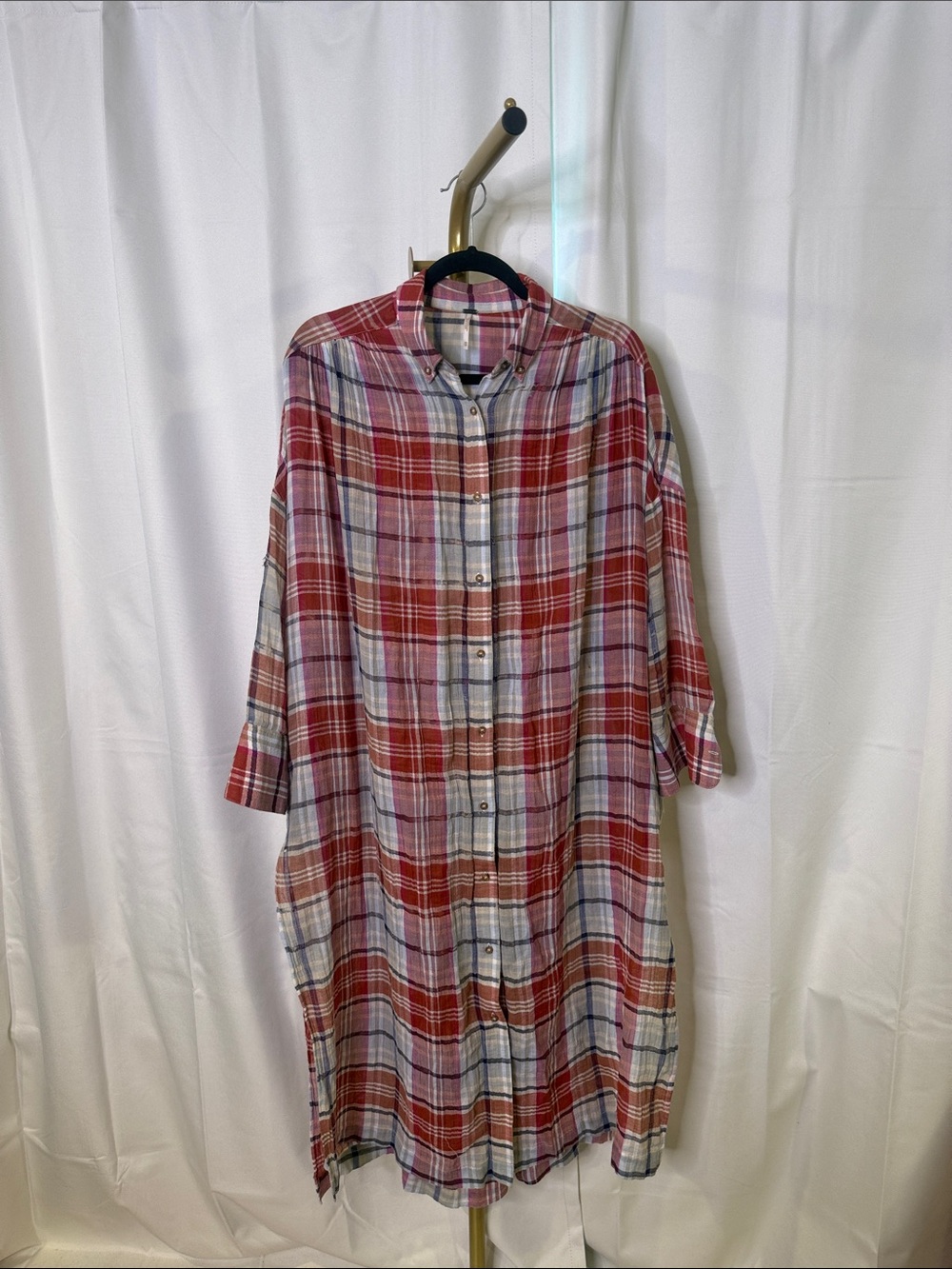Free People XS oversized duster light weight Red Plaid Button-Front Midi Dress